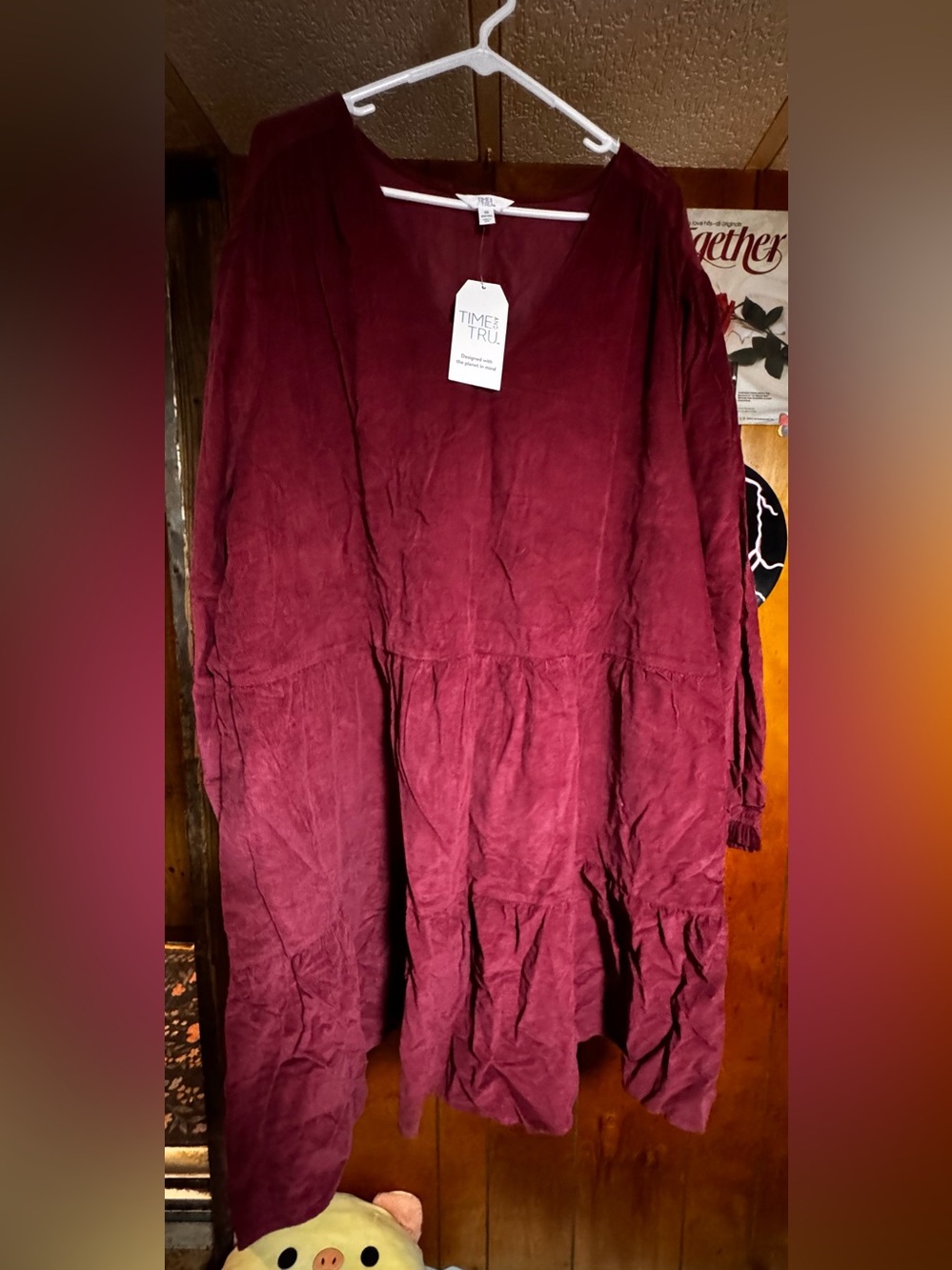 Time and Tru Women's Burgundy Long Sleeve Tiered Dress